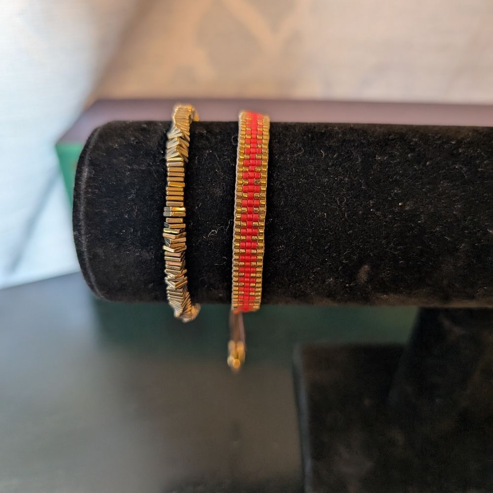 Rustic Cuff Gold and Red Boho Bracelet Set